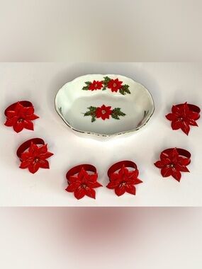 LEFTON CHINA POINSETTIA BOWL & POINSETTIA NAPKIN RINGS